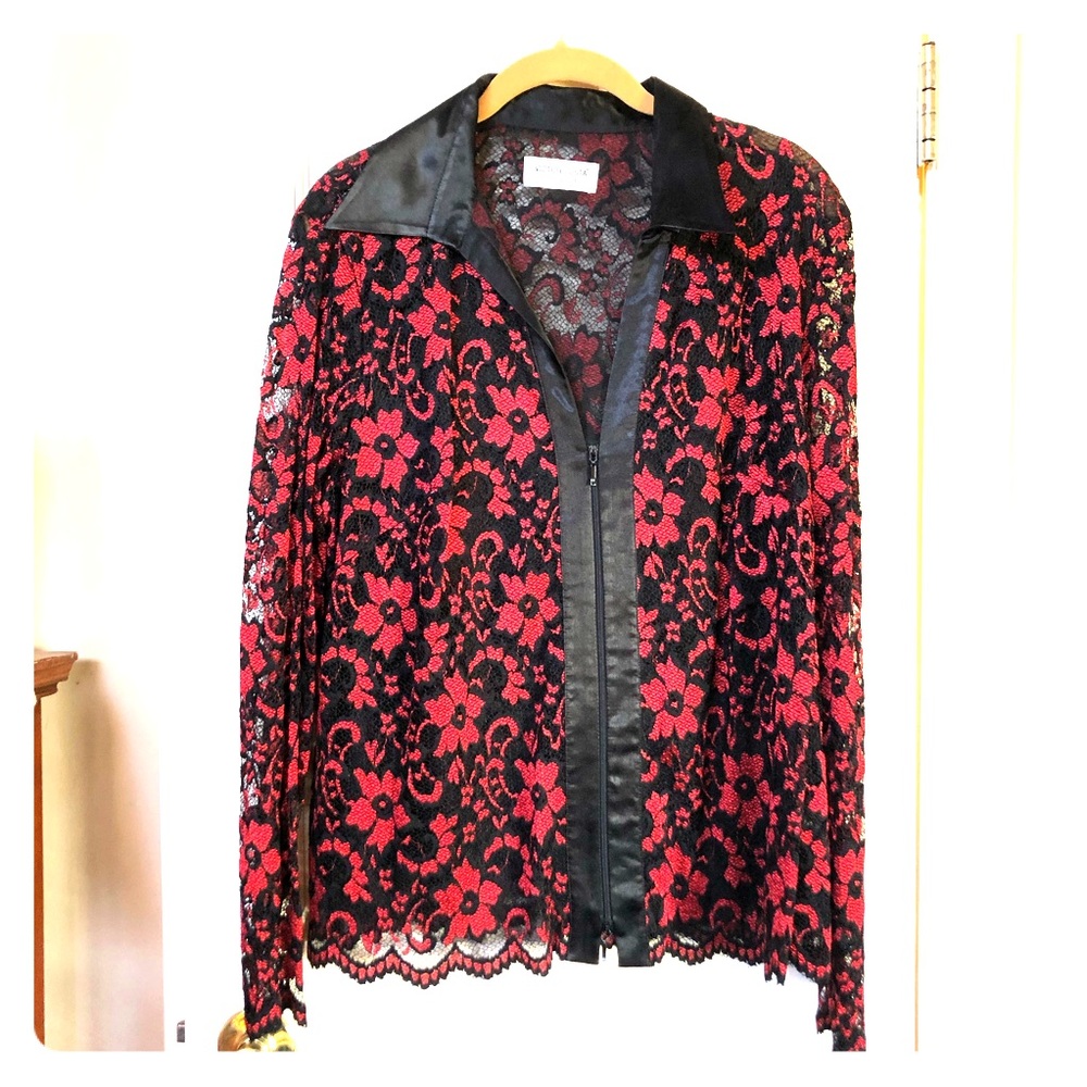 Victor Costa Red and Black Lace Jacket - 1X